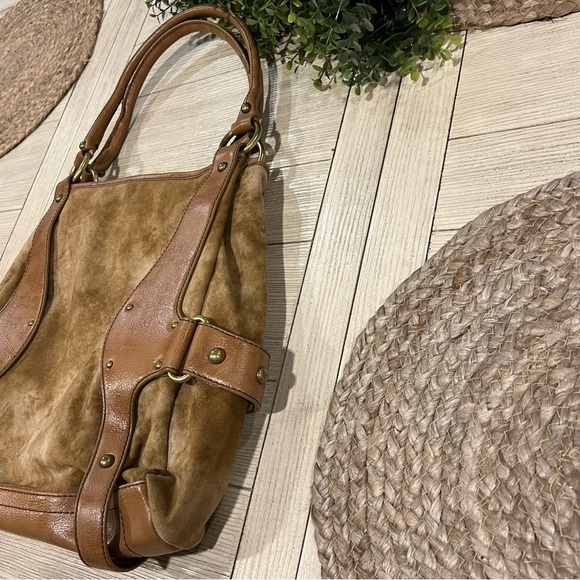 PRITZI Wheat Studded Brass Large Hobo Shoulder Bag Vegan Suede Leather - Picture 7 of 14